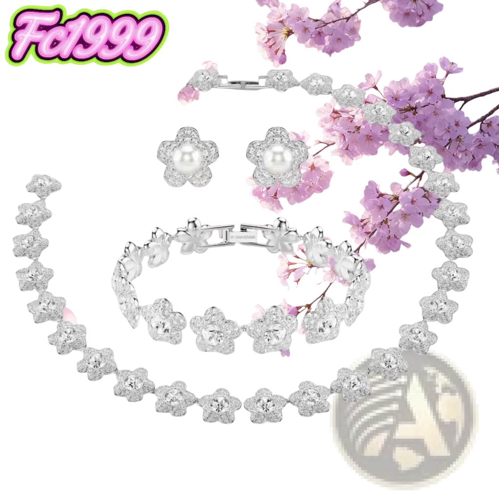 Silver crystal flower bridal jewelry set featuring sparkling blossoms and pearl accents