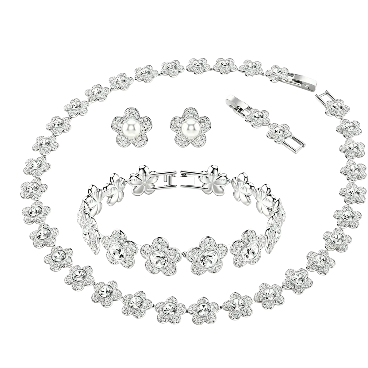 Silver crystal flower bridal jewelry set featuring crystal-encrusted floral motifs and pearl accents