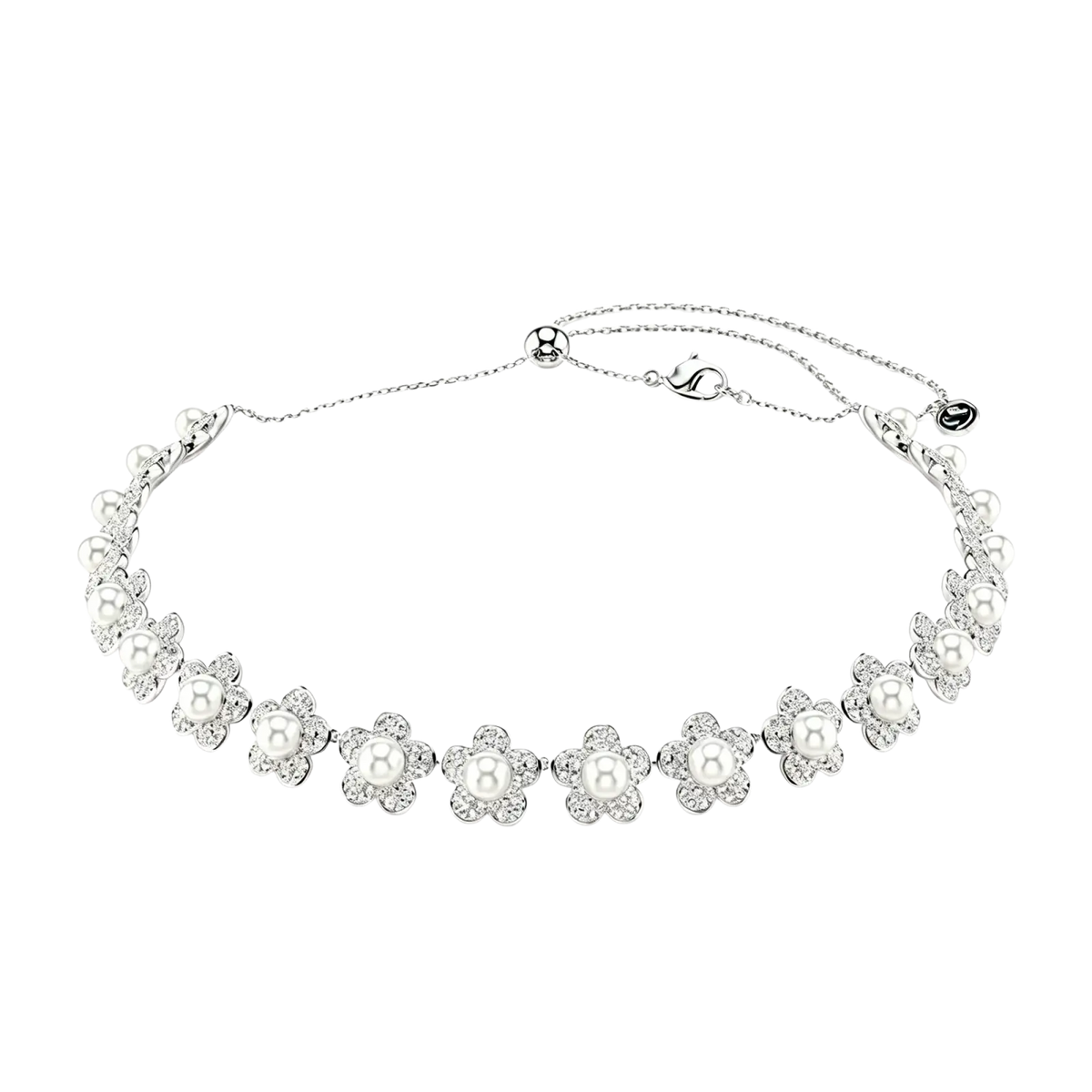 Silver floral bracelet with pearl centers and crystal petals accented by delicate chain links in crystal flower bridal jewelry set