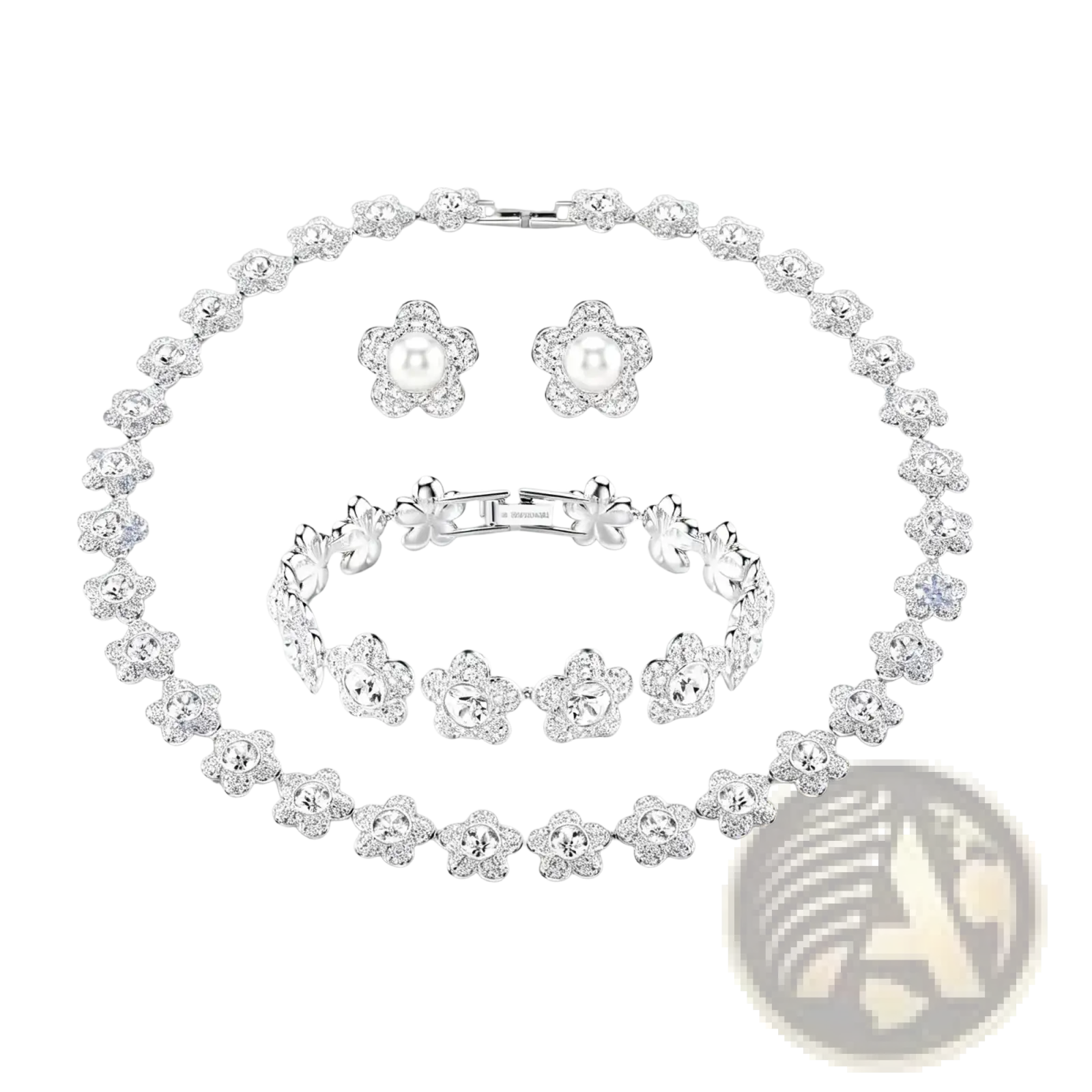 Silver crystal flower bridal jewelry set with intricate crystal-encrusted floral motifs and central pearl accents
