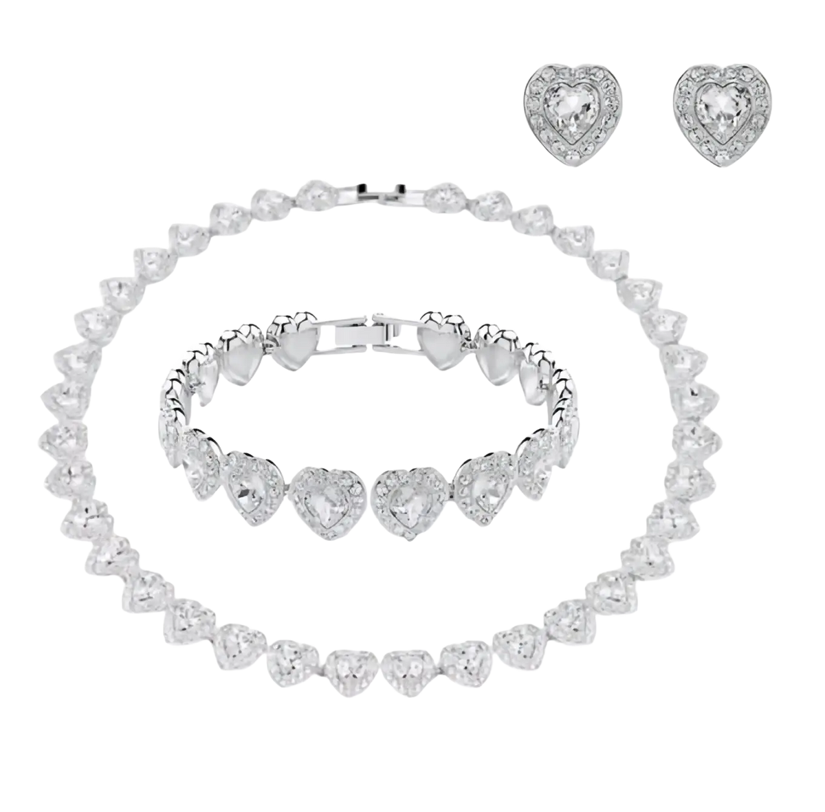 Silver heart-shaped crystal flower bridal jewelry set with necklace bracelet and earrings featuring clear crystals