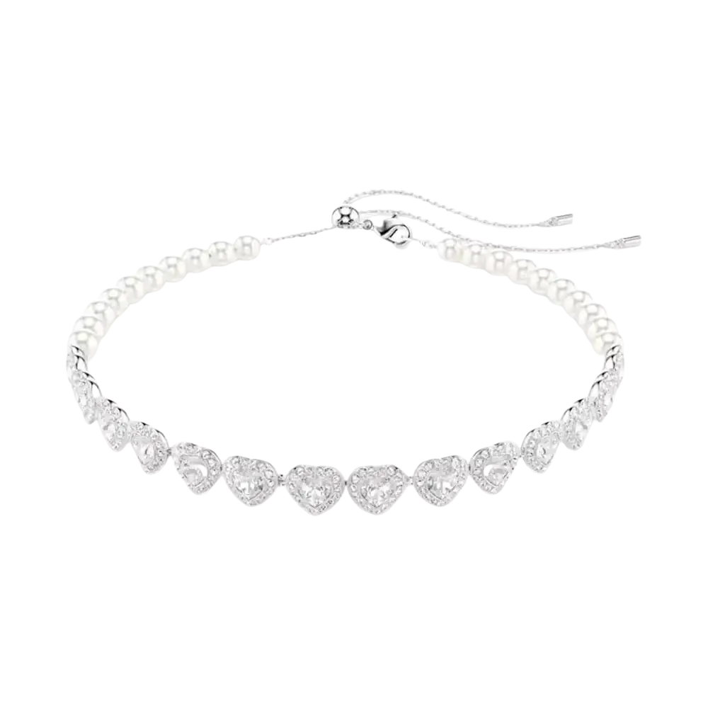 Silver heart-shaped charm bracelet with sparkling crystals and white pearls from the crystal flower bridal jewelry set
