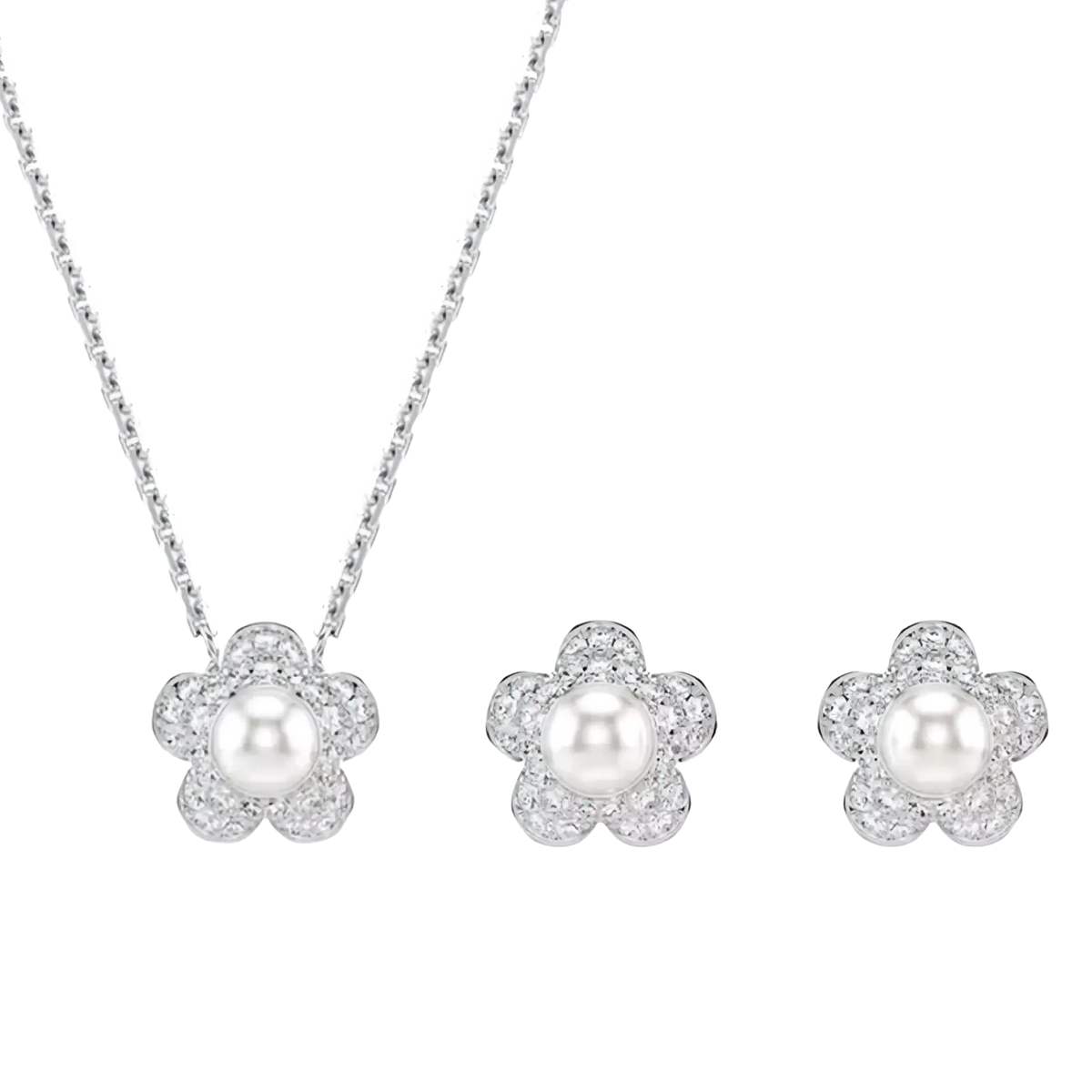Silver flower-shaped bridal jewelry set with central pearl and surrounding sparkling diamonds in each piece
