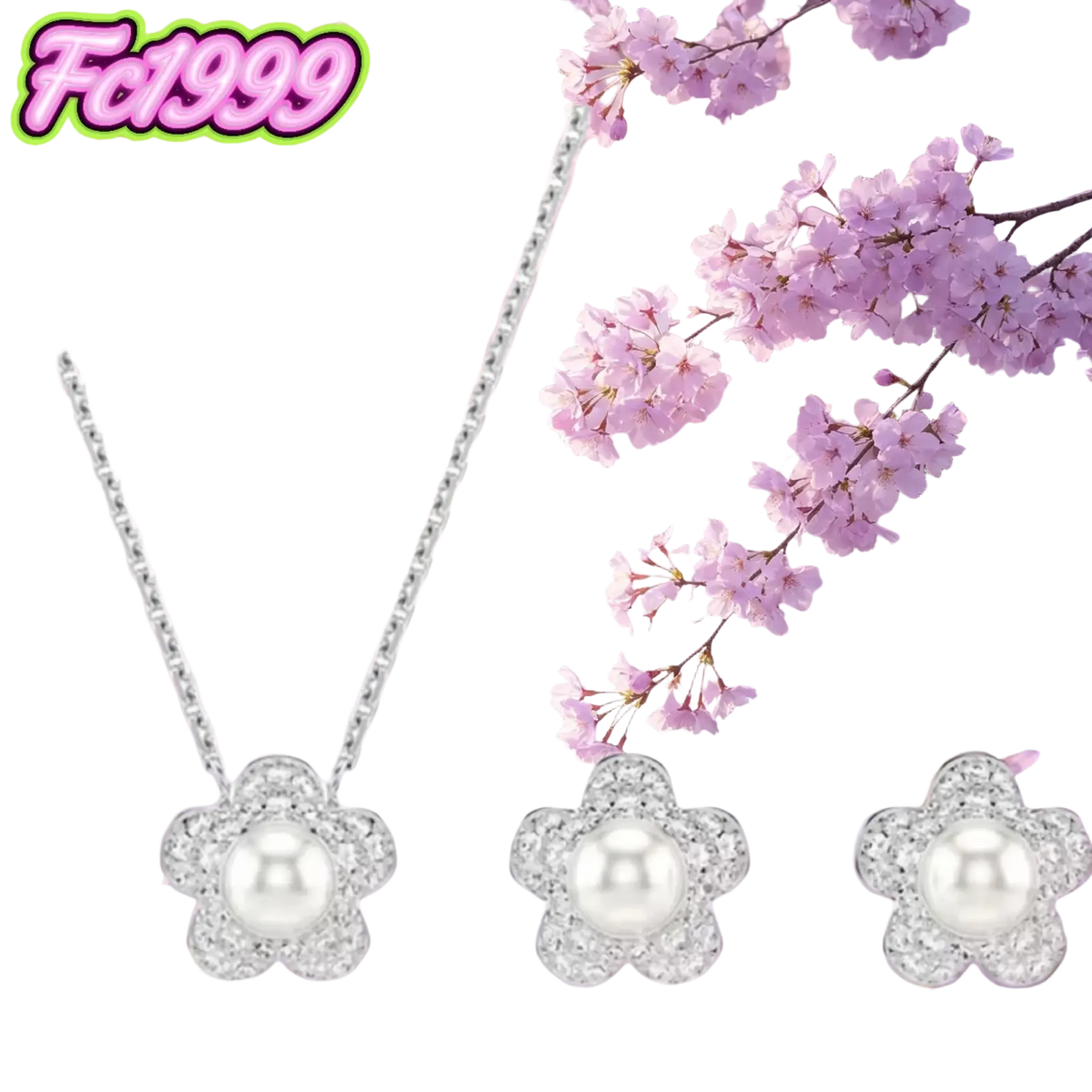 Silver flower-shaped pendant necklace with central pearl and pave-set clear stones from crystal flower bridal jewelry set