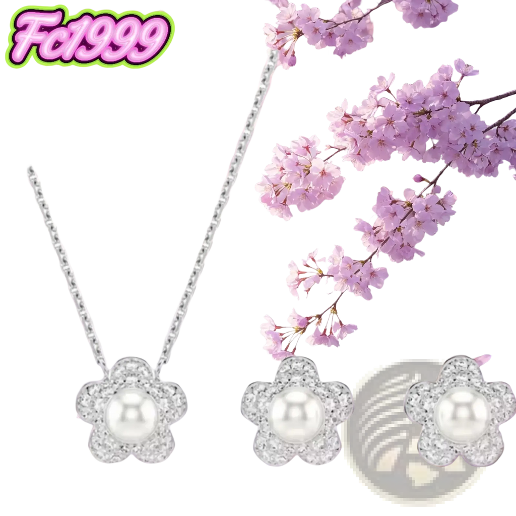 Silver flower-shaped pendant necklace with central pearl and pave-set clear stones from crystal flower bridal jewelry set