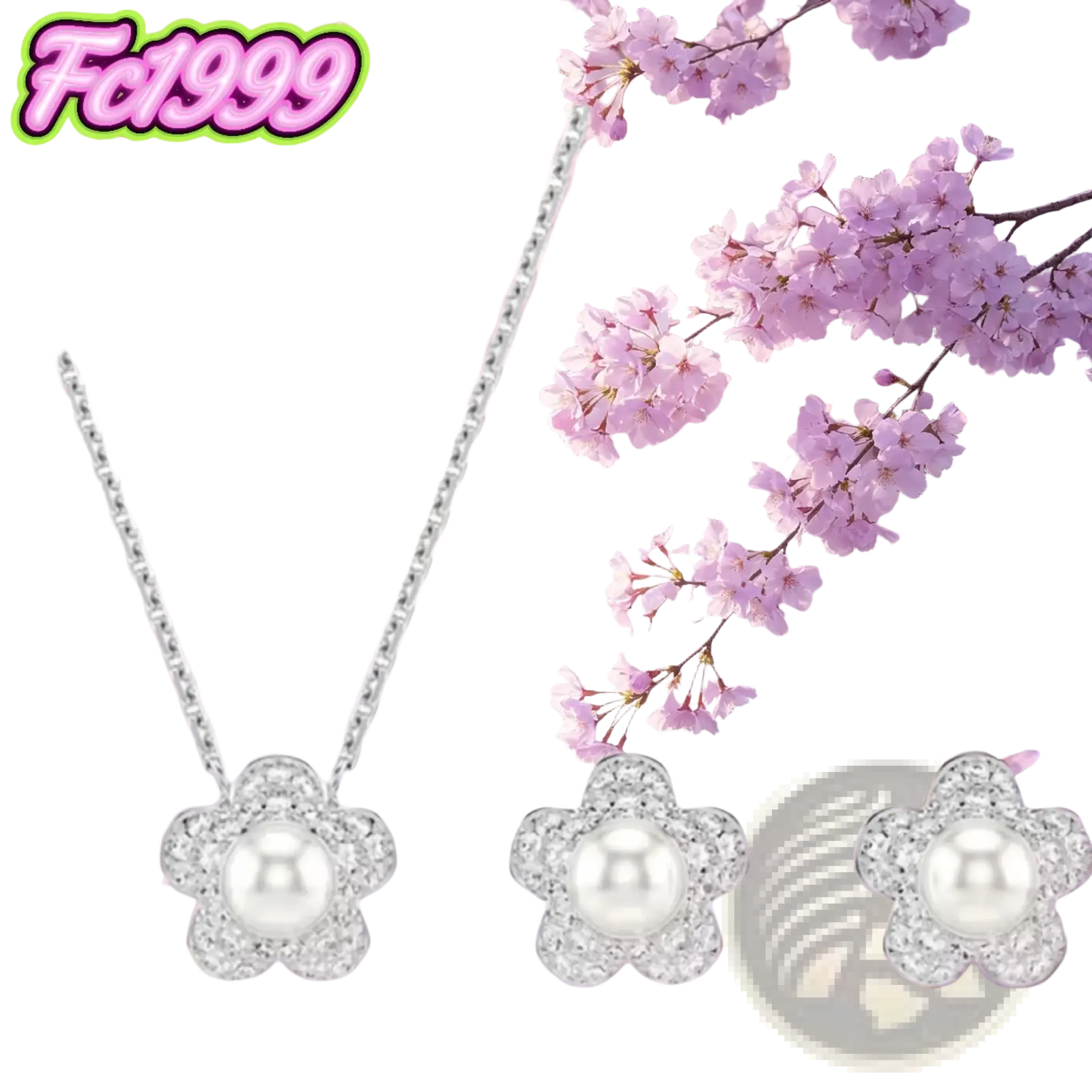 Silver flower-shaped pendant necklace with central pearl and pave-set clear stones from crystal flower bridal jewelry set
