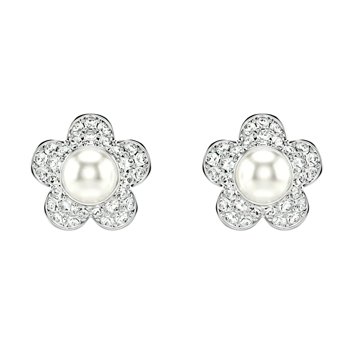 Silver flower-shaped stud earrings with a central white pearl and clear crystals from the crystal flower bridal jewelry set