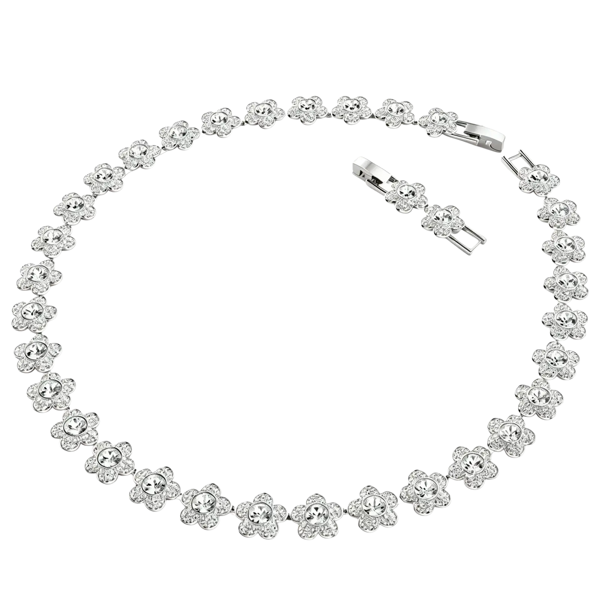 Silver-toned floral bracelet with intricate four-petal designs and sparkling clear crystals from crystal flower bridal jewelry set