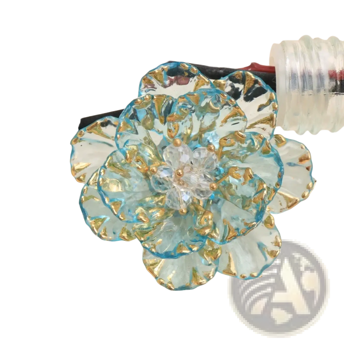 Crystal flower brooch with delicate light blue glass petals trimmed in gold and a clear crystal center fashion accessory