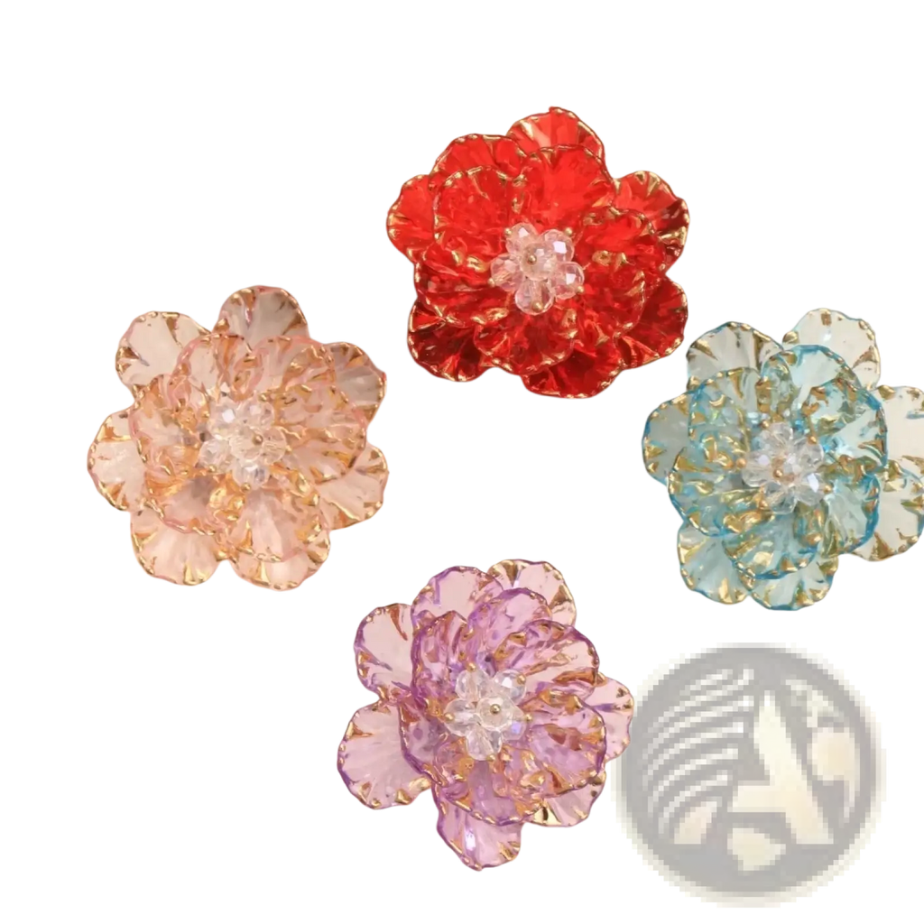 Crystal flower brooch fashion accessory with vibrant red pink blue and purple crystal petals and gold trim