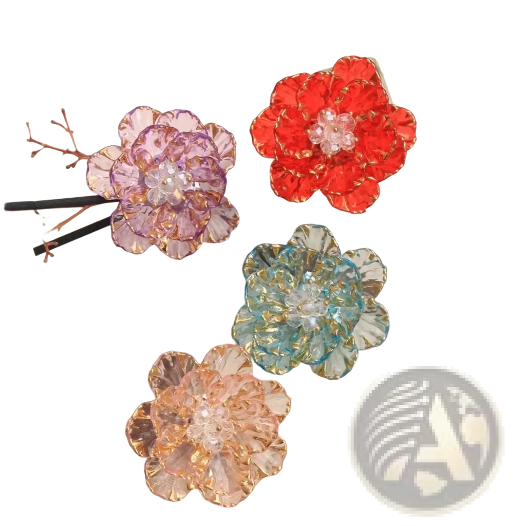 Crystal flower brooch fashion accessory featuring vibrant crystal-encrusted flower-shaped hairpins in red purple blue and peach hues