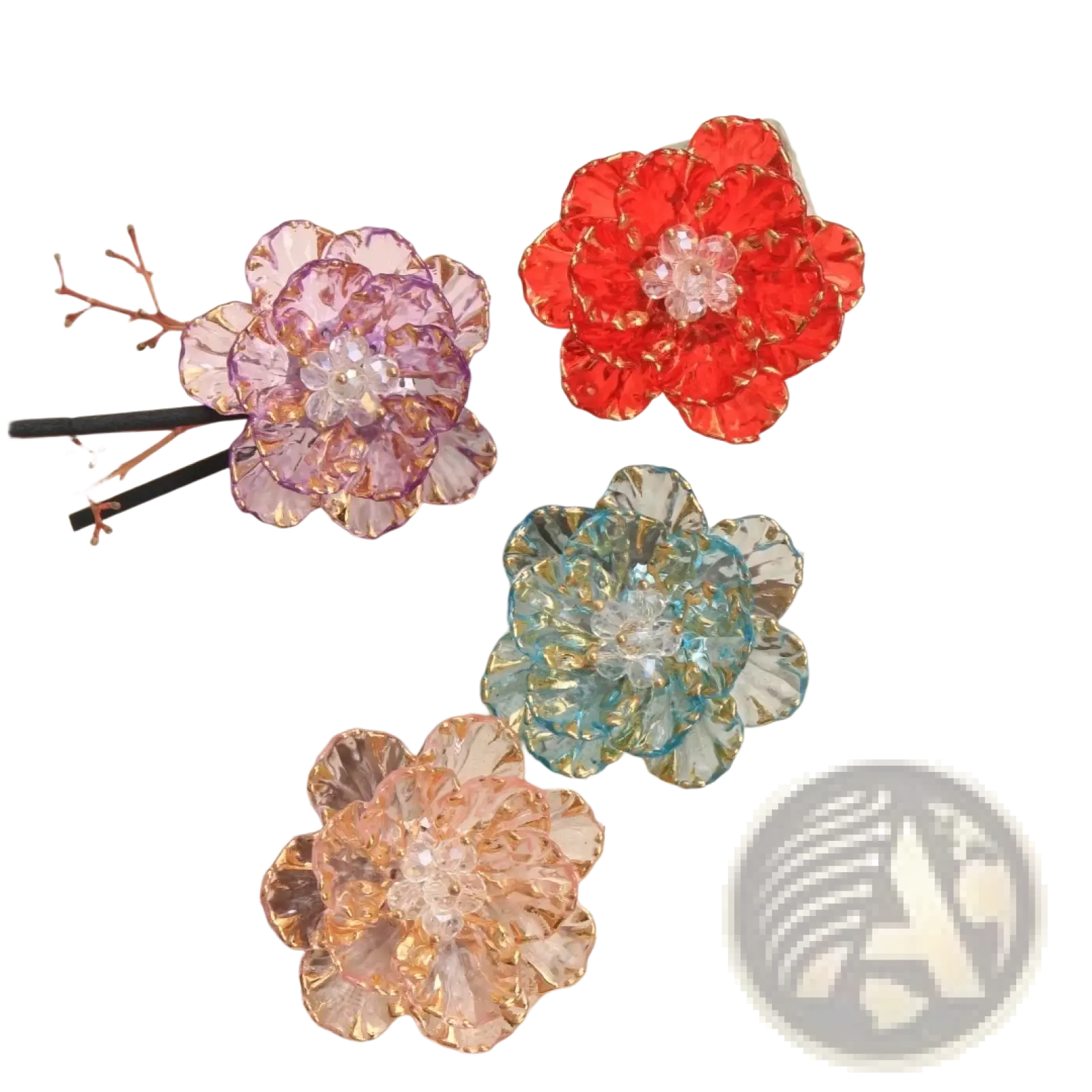Crystal flower brooch fashion accessory featuring vibrant crystal-encrusted flower-shaped hairpins in red purple blue and peach hues