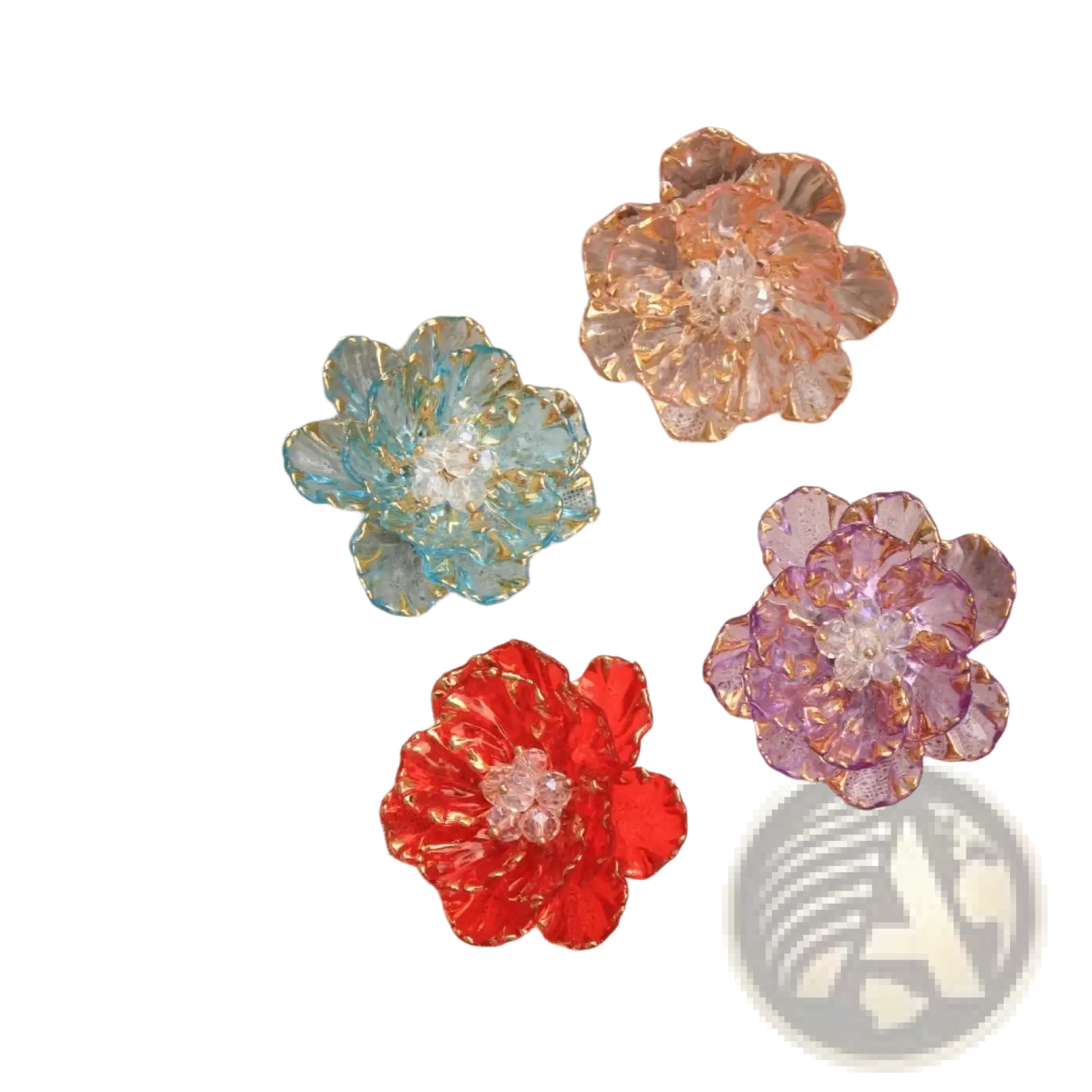 Crystal flower brooch fashion accessory featuring vibrant translucent red blue peach and purple glass petals with gold trim and crystals