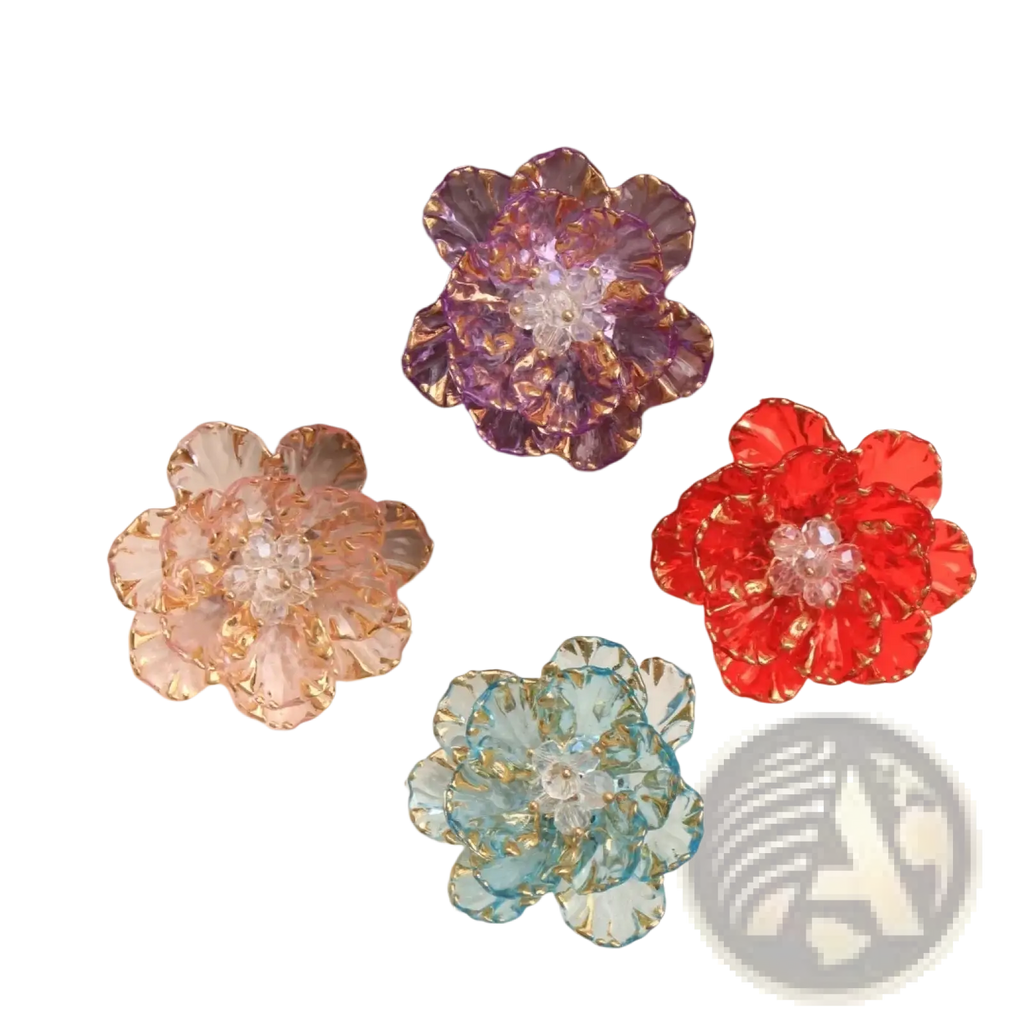 Crystal flower brooch fashion accessory featuring vibrant translucent glass petals with gold edges and crystal centers in multiple hues