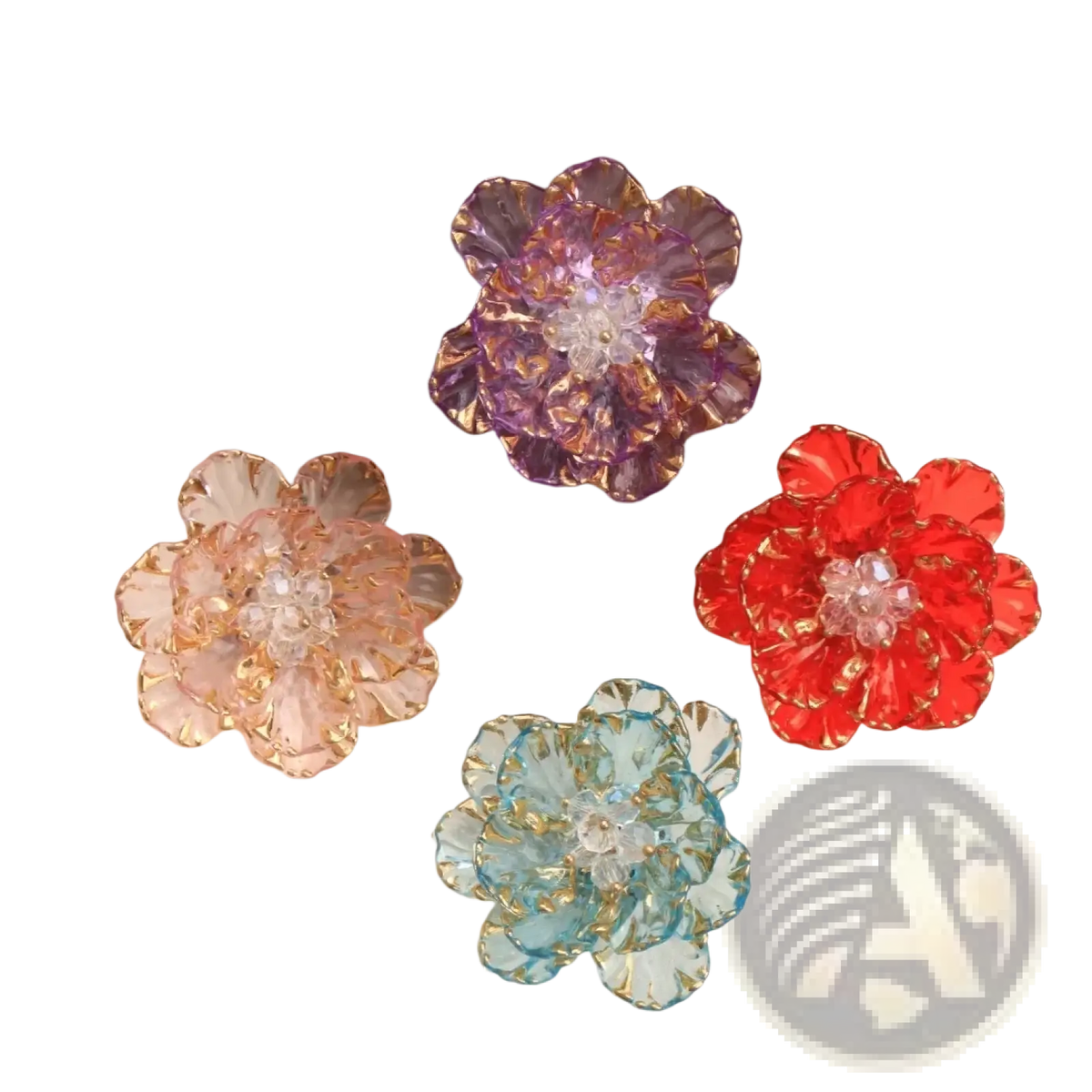 Crystal flower brooch fashion accessory featuring vibrant translucent glass petals with gold edges and crystal centers in multiple hues