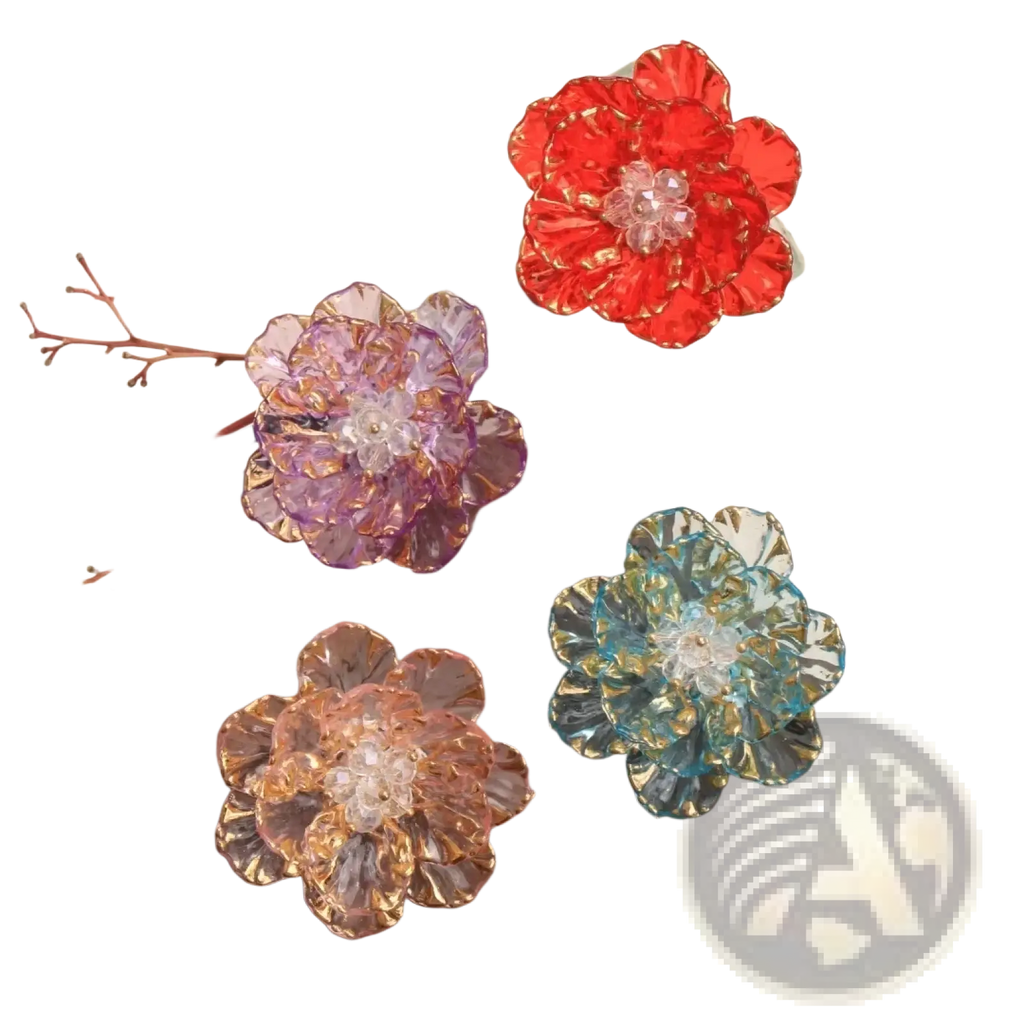 Crystal flower brooch fashion accessory with vibrant translucent glass flower hair clips in red purple blue and peach hues