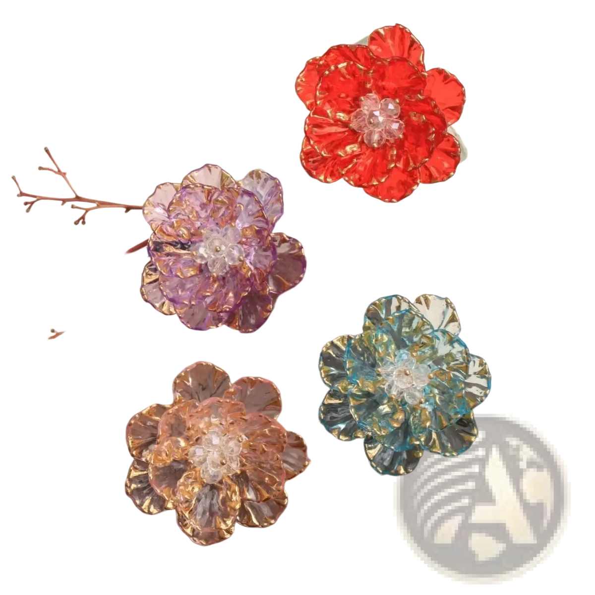 Crystal flower brooch fashion accessory with vibrant translucent glass flower hair clips in red purple blue and peach hues