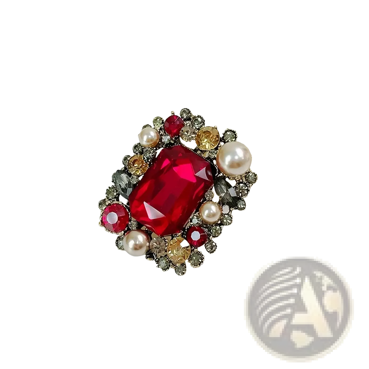 Crystal flower brooch pin for women featuring a red rectangular crystal with pearls and gold-toned accents in metal frame