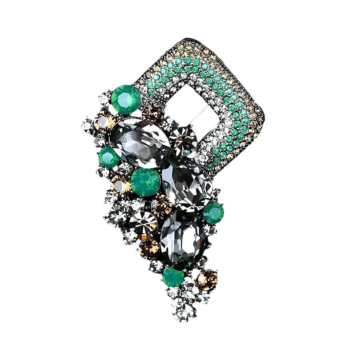 A crystal flower brooch pin for women featuring a sparkling green and clear rhinestone geometric frame design