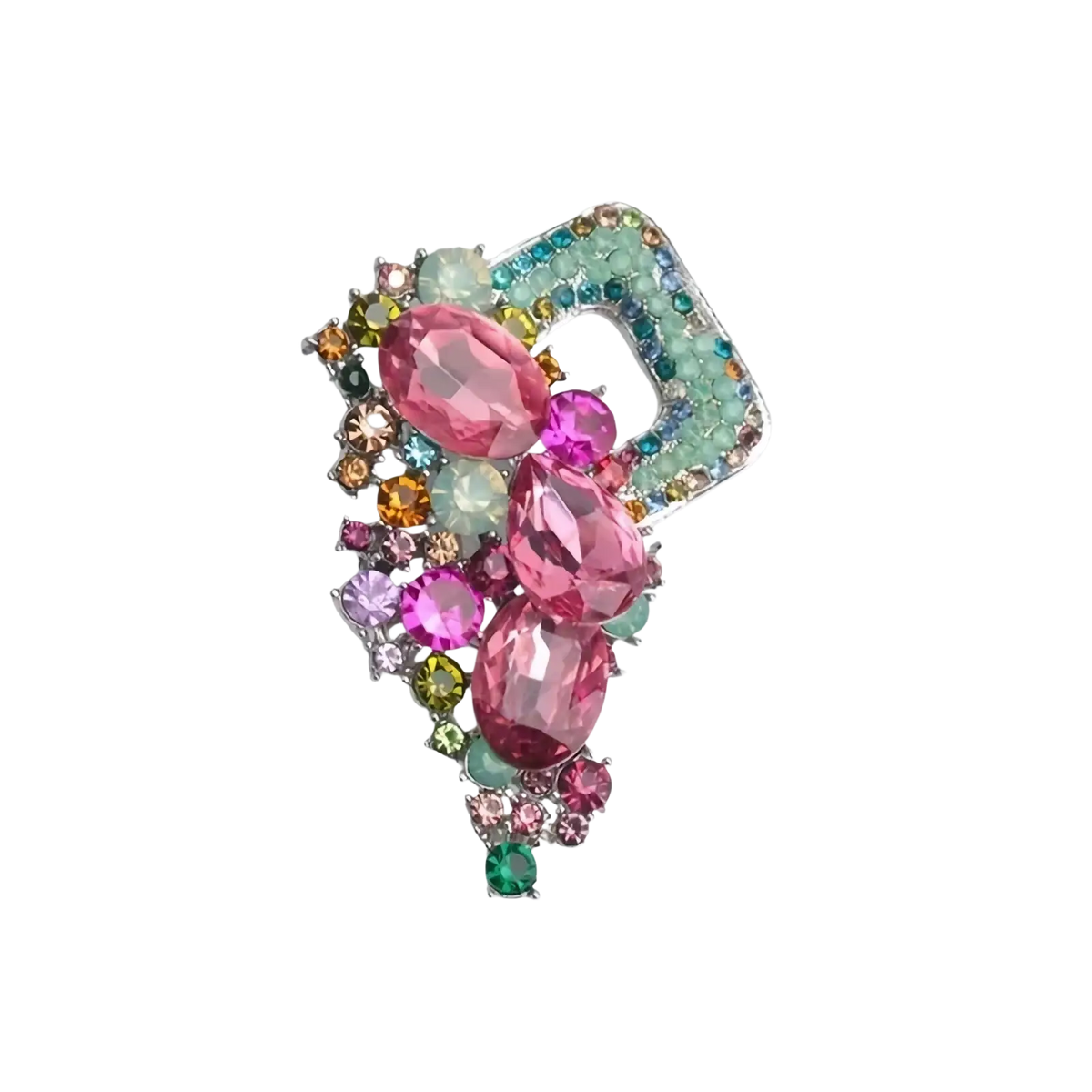 Crystal flower brooch pin for women featuring a multicolored rhinestone design with pink teardrop crystals and green stones