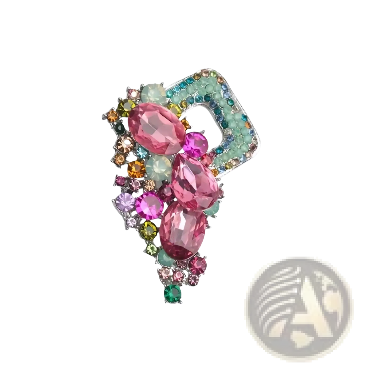 Crystal flower brooch pin for women featuring a multicolored rhinestone design with pink teardrop crystals and green stones