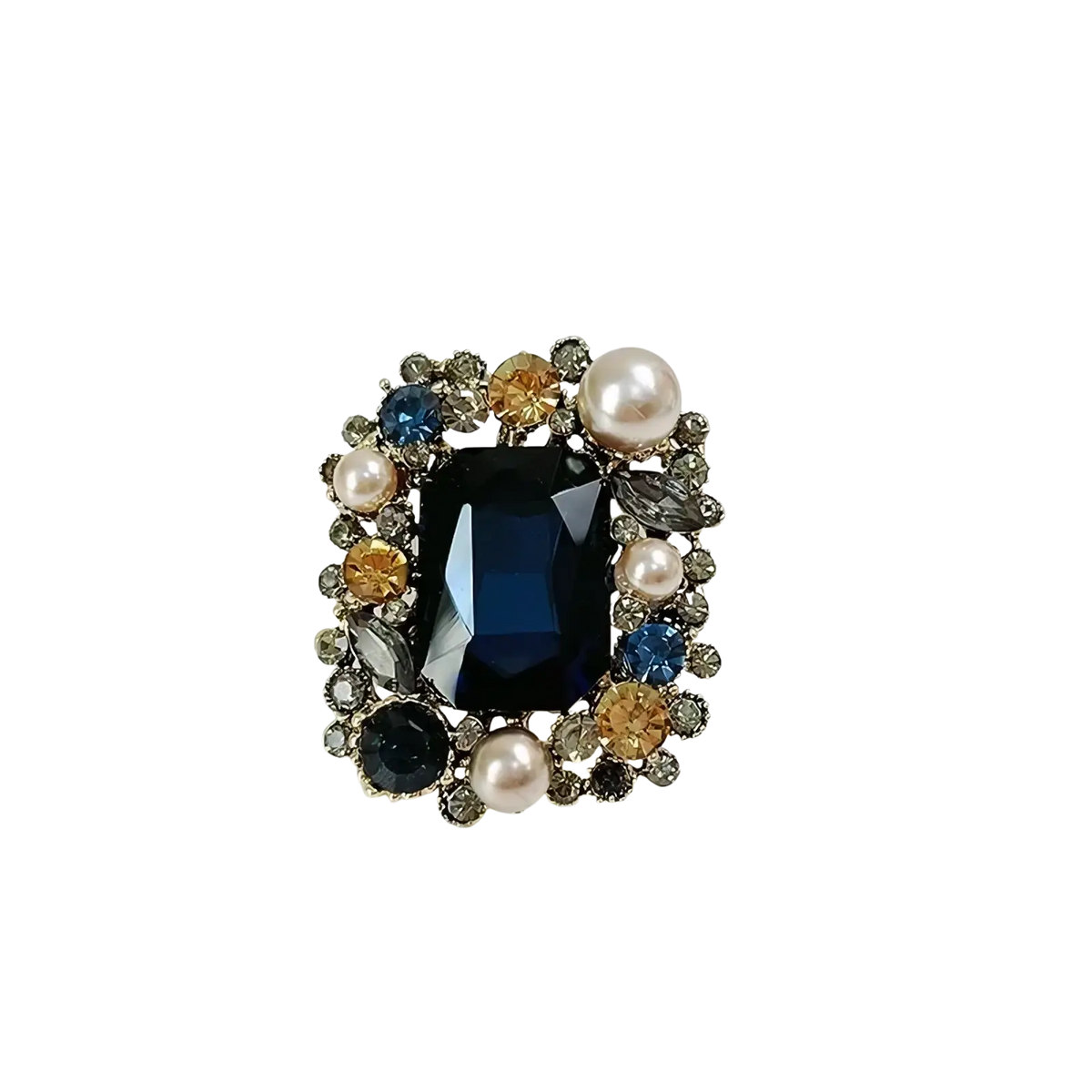 Crystal flower brooch pin for women with a deep blue gemstone, multicolored crystals, pearls, and metallic accents