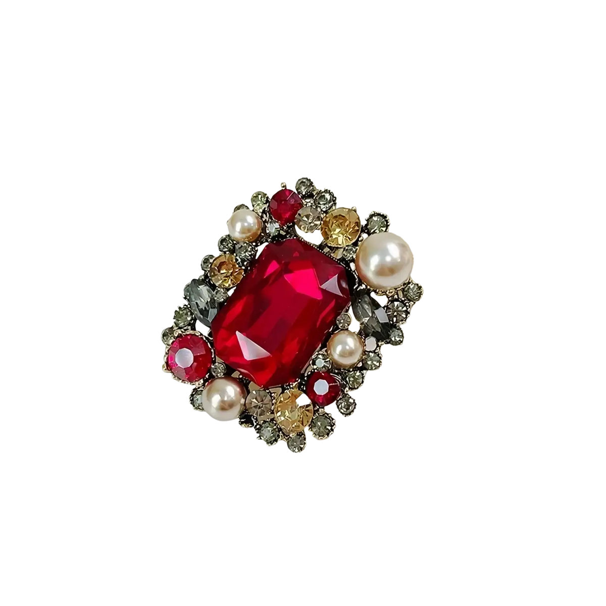 Crystal flower brooch pin for women featuring a red rectangular crystal with pearls and gold-toned accents in metal frame
