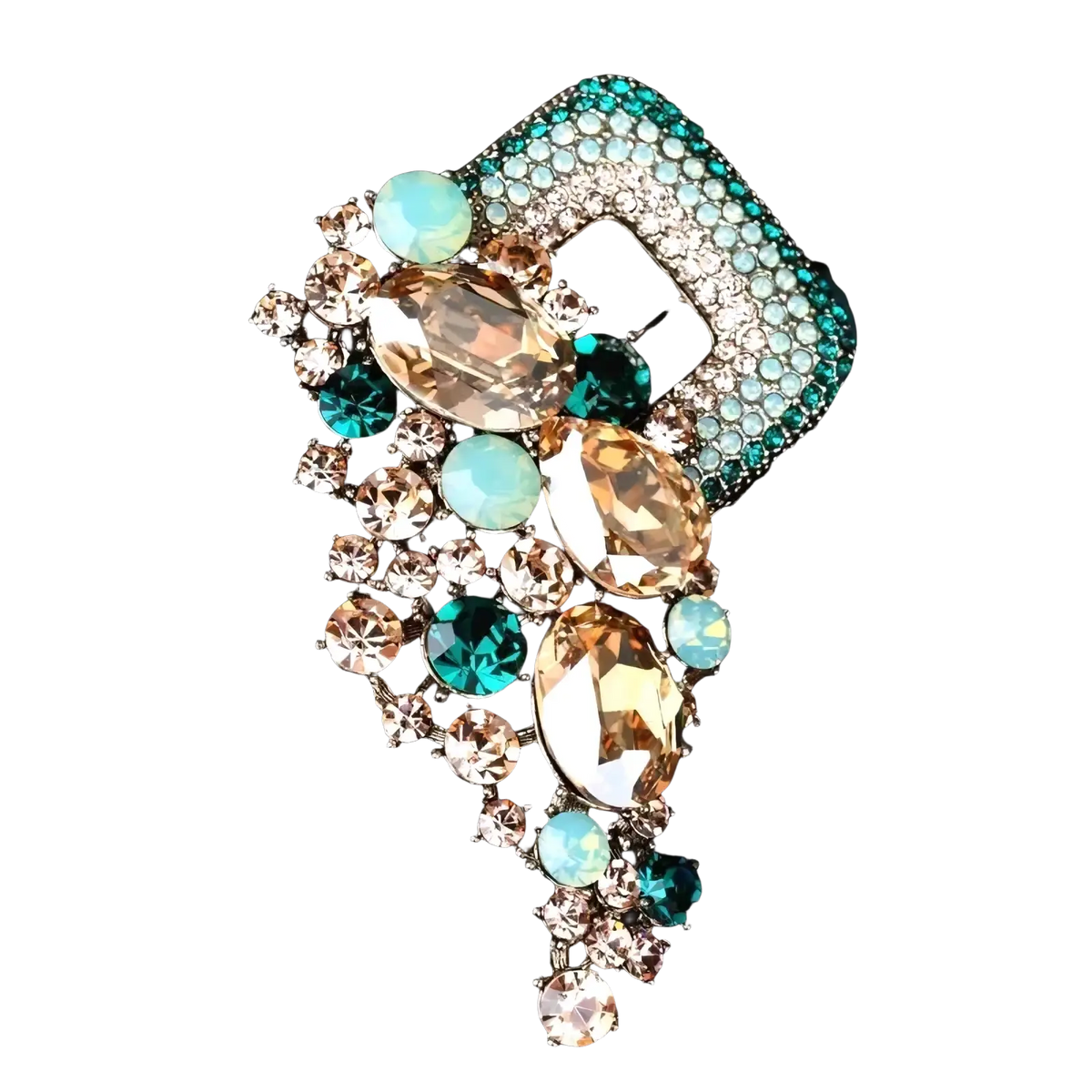 A crystal flower brooch pin for women featuring a sparkling teal and gold rhinestone square base with cascading teardrop stones