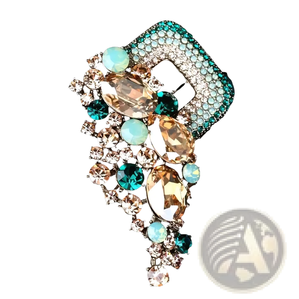A crystal flower brooch pin for women with a sparkling teal and gold rhinestone square base and cascading teardrop crystals