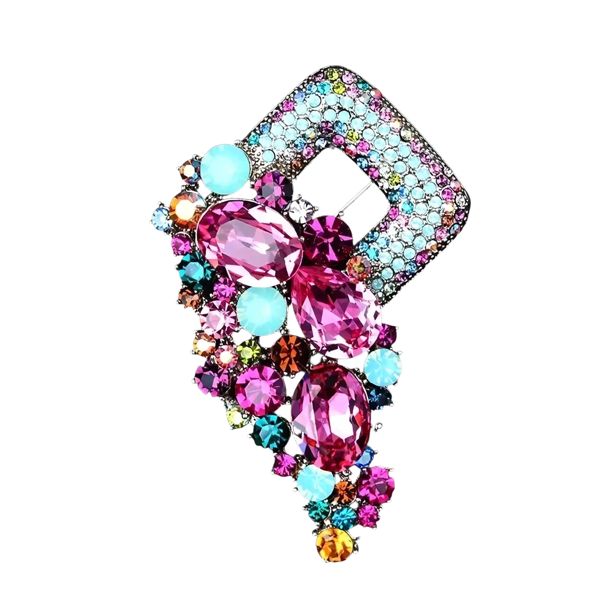 Crystal flower brooch pin for women with vibrant pink and turquoise rhinestones in an intricate metal frame