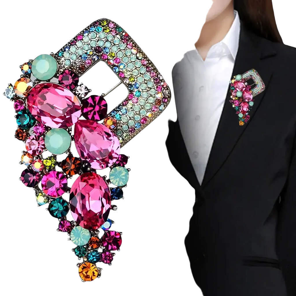 A vibrant square-shaped crystal flower brooch pin for women adorned with pink teal and multicolored rhinestones