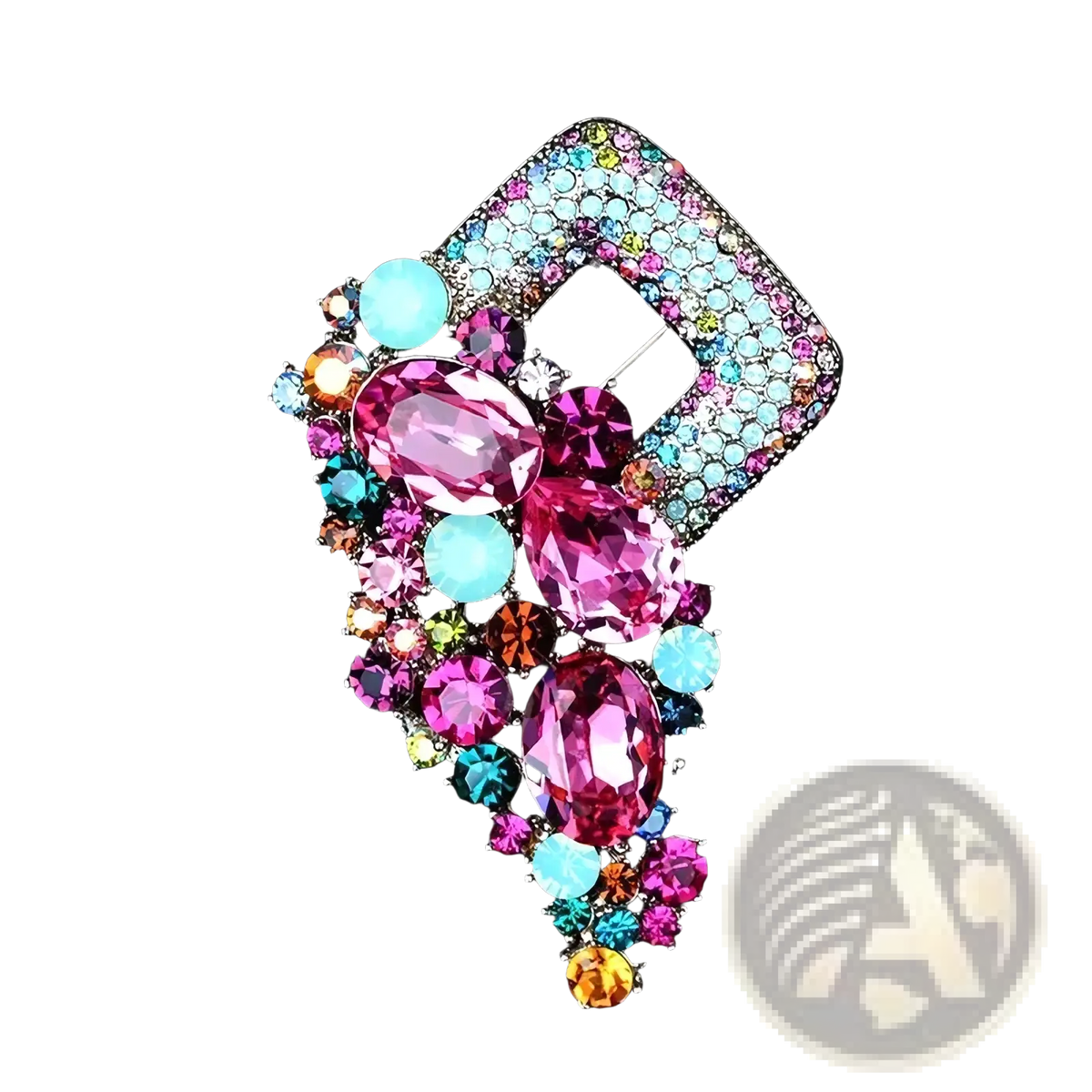 Crystal flower brooch pin for women featuring a vibrant square frame with pink and turquoise rhinestones