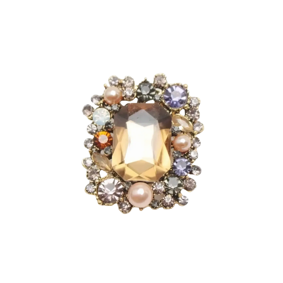 Crystal flower brooch pin for women with a central golden yellow stone, multicolored rhinestones, pearls, and gold metal