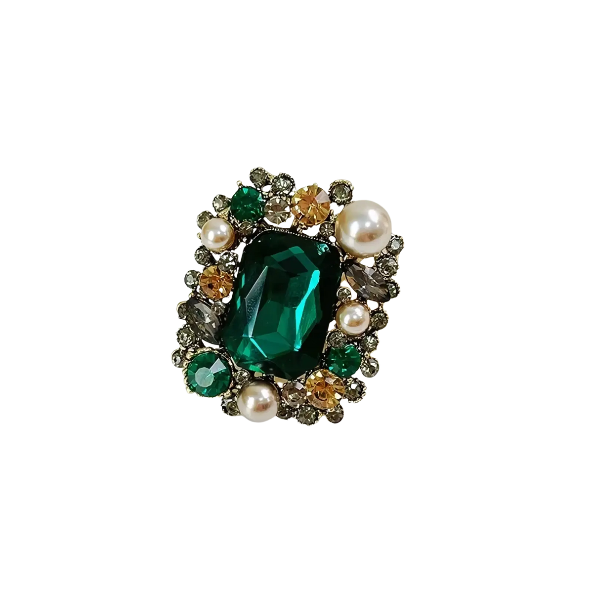 Crystal flower brooch pin for women featuring a vintage-style emerald green gem with rhinestone and pearl accents