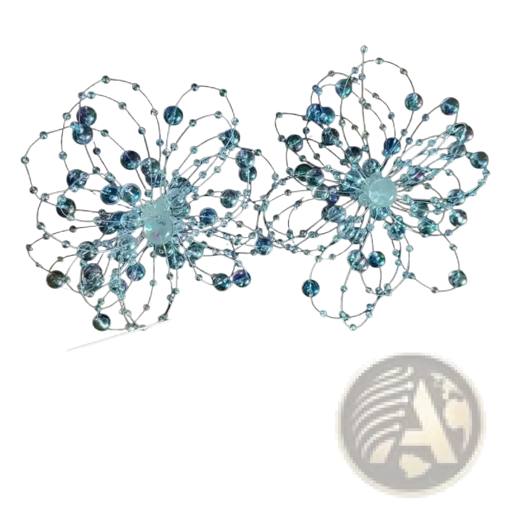 Delicate crystal flower drop earrings with intricate wirework and clear and iridescent blue crystals for weddings
