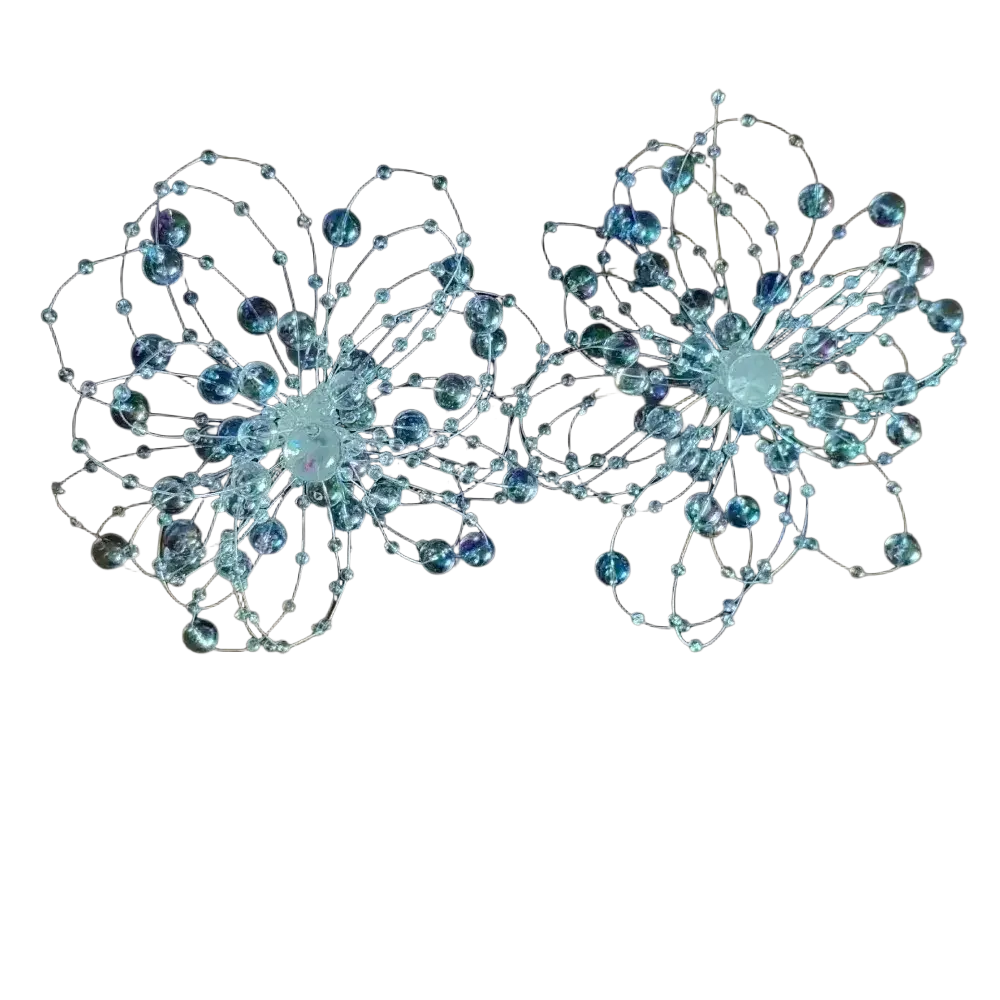 Delicate translucent blue and clear crystal bead flower hairpins with intricate wirework for wedding wear