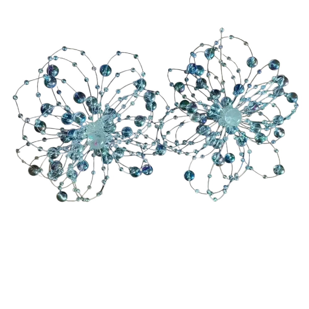Crystal flower drop earrings featuring delicate translucent blue and clear crystal with intricate wirework for weddings