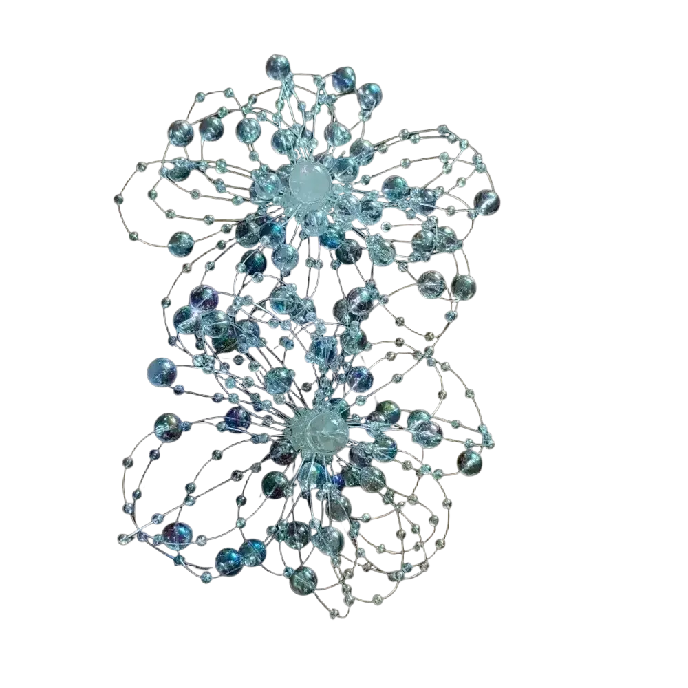 Crystal flower drop earrings featuring a delicate two-layered flower of clear and light blue glass beads on silver wire