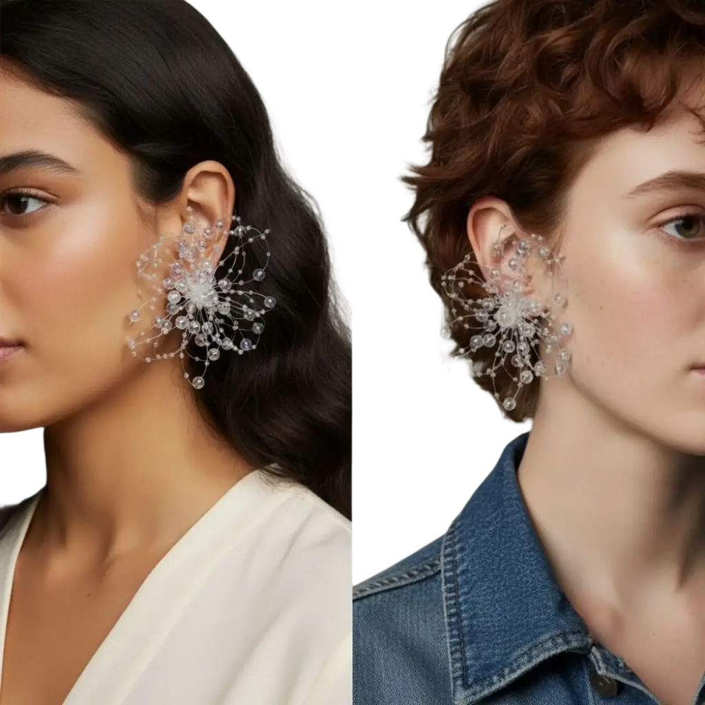 Crystal flower drop earrings with crystal-encrusted spiderweb design, central pearl accent, and dangling beads for weddings