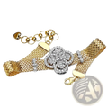 Crystal flower gold mesh cuff bracelet with central silver-toned floral clasp adorned with sparkling stones and gold hardware