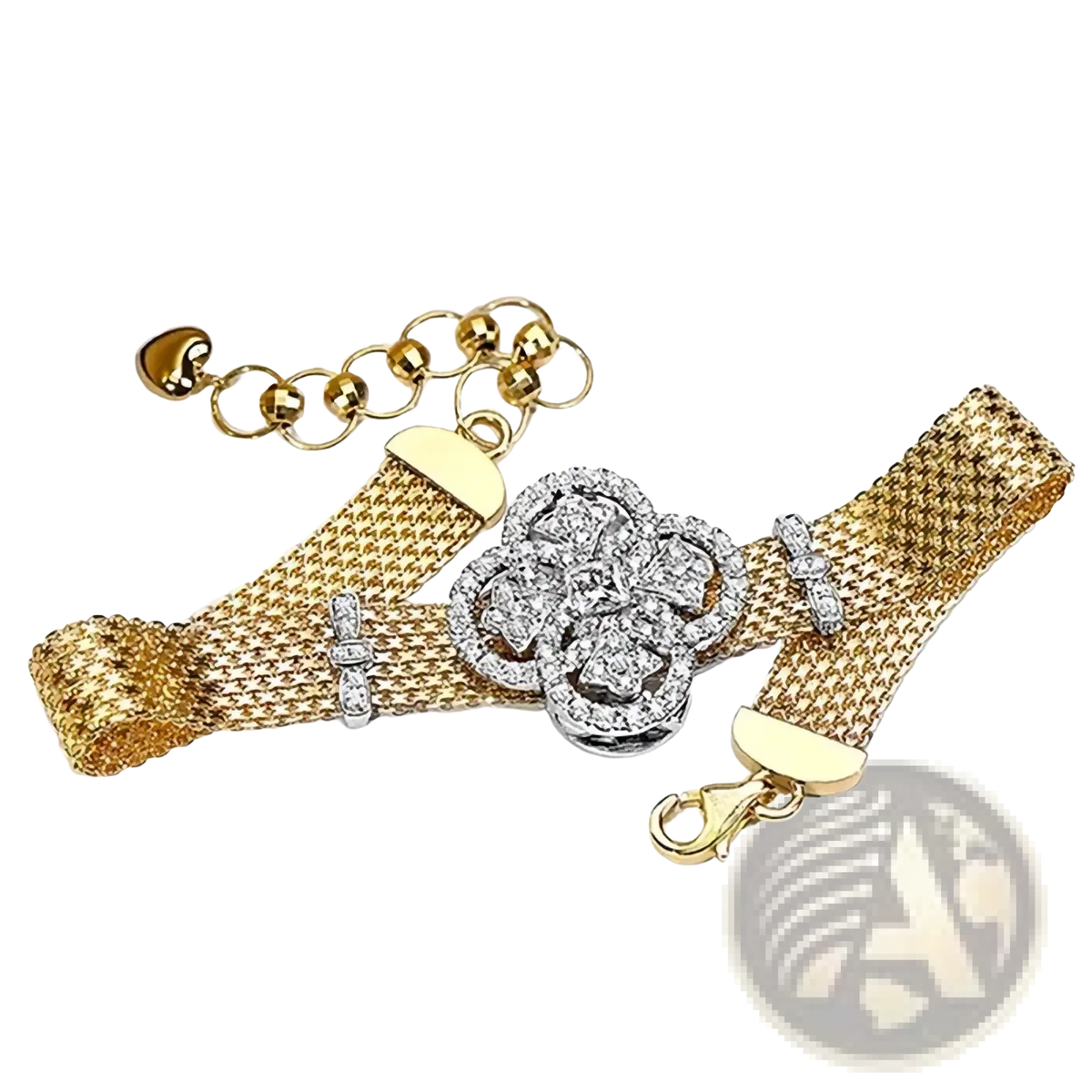 Crystal flower gold mesh cuff bracelet with central silver-toned floral clasp adorned with sparkling stones and gold hardware