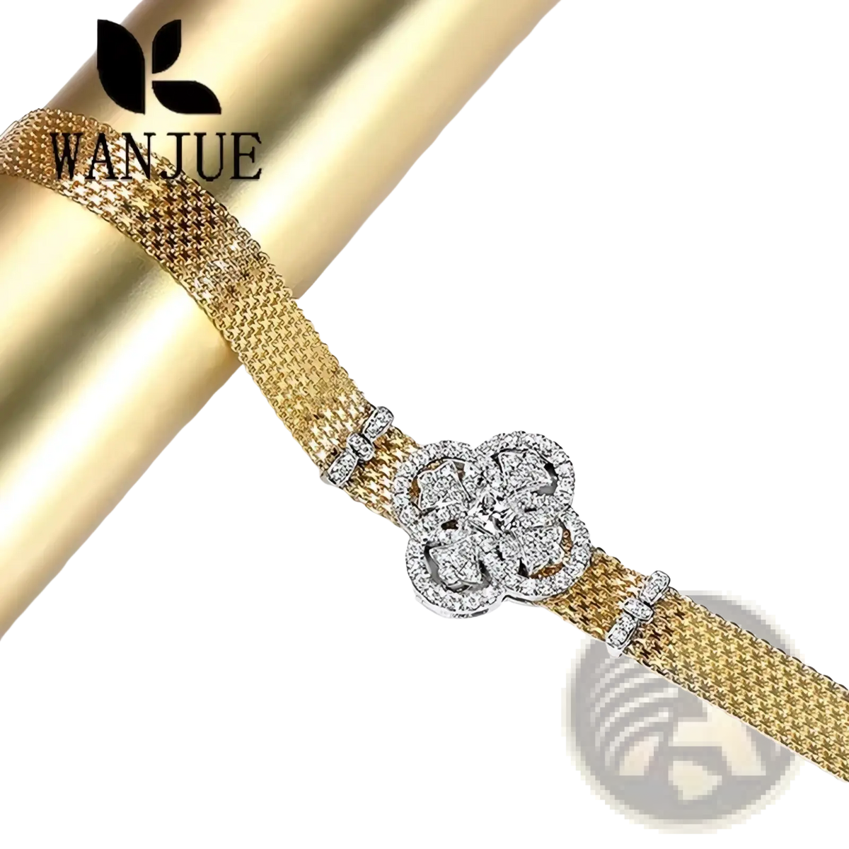 Crystal flower gold mesh cuff bracelet featuring a sparkling diamond-encrusted clover-shaped clasp
