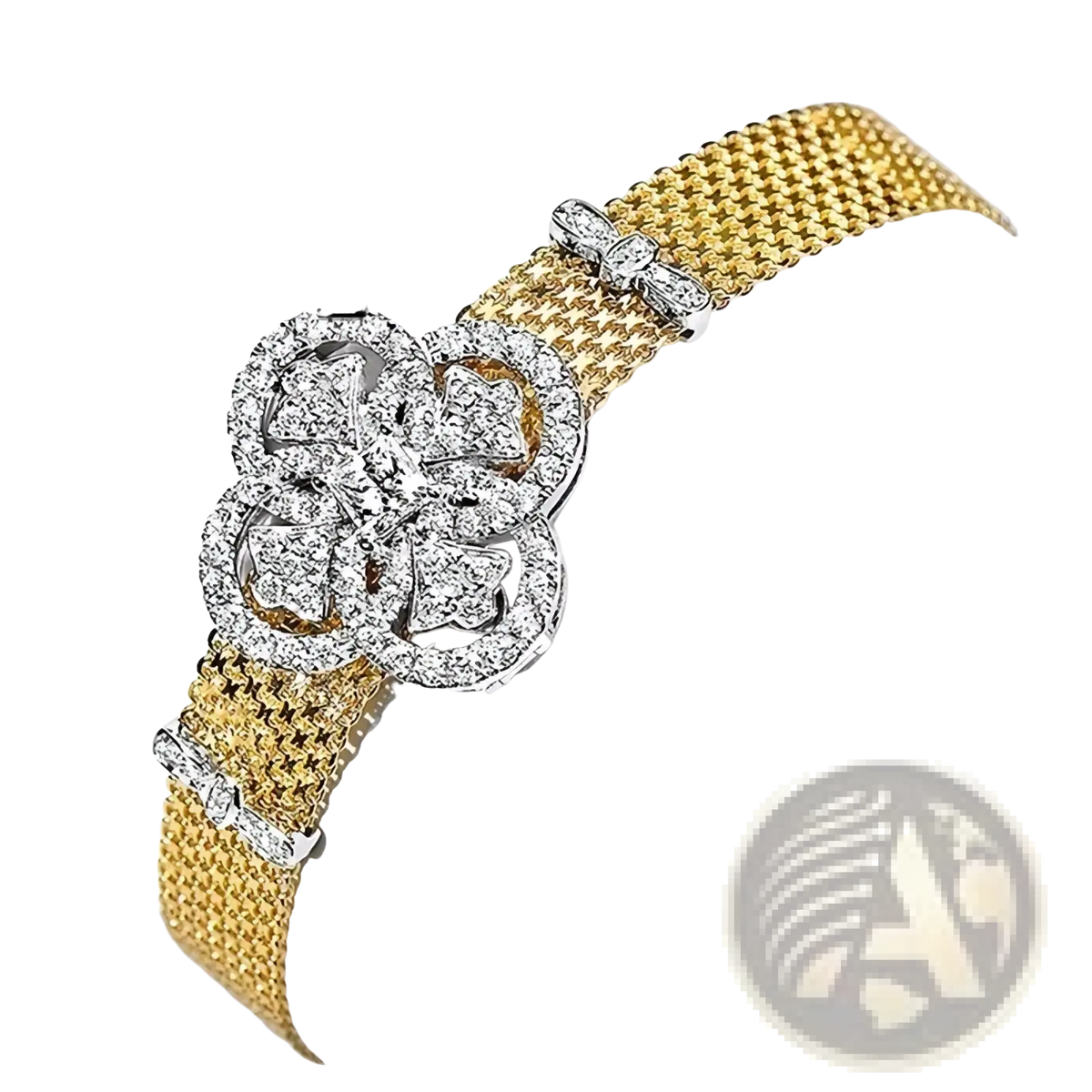 Crystal flower gold mesh cuff bracelet with sparkling silver four-leaf clover clasp adorned with crystals