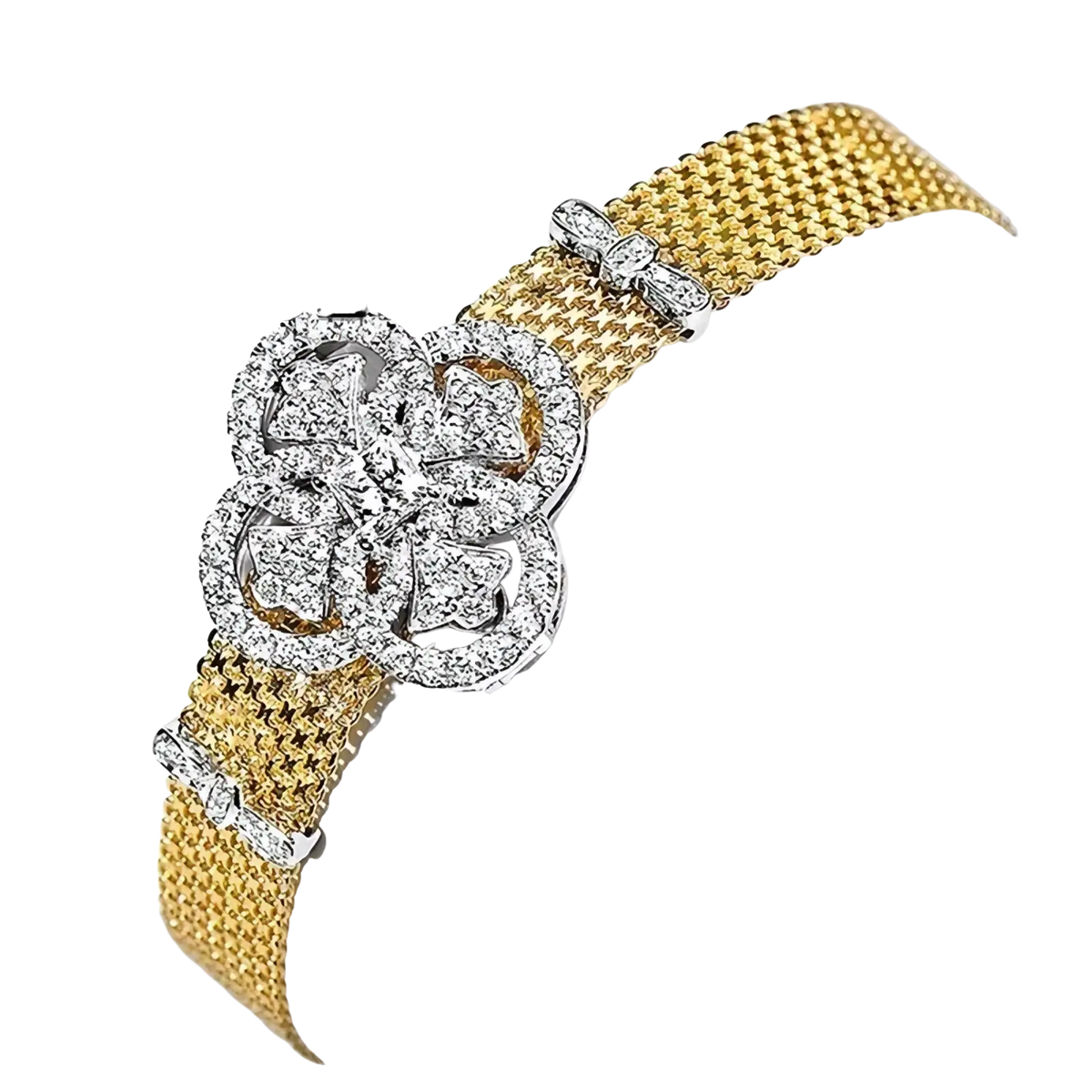 Crystal flower gold mesh cuff bracelet with sparkling silver four-leaf clover clasp adorned with crystals