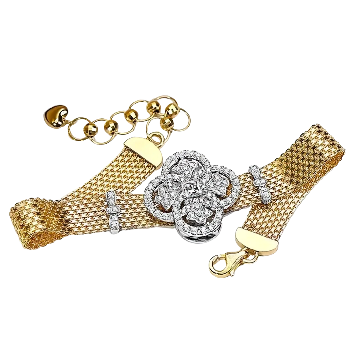 Crystal flower gold mesh cuff bracelet with central silver-toned floral clasp adorned with sparkling stones and gold hardware