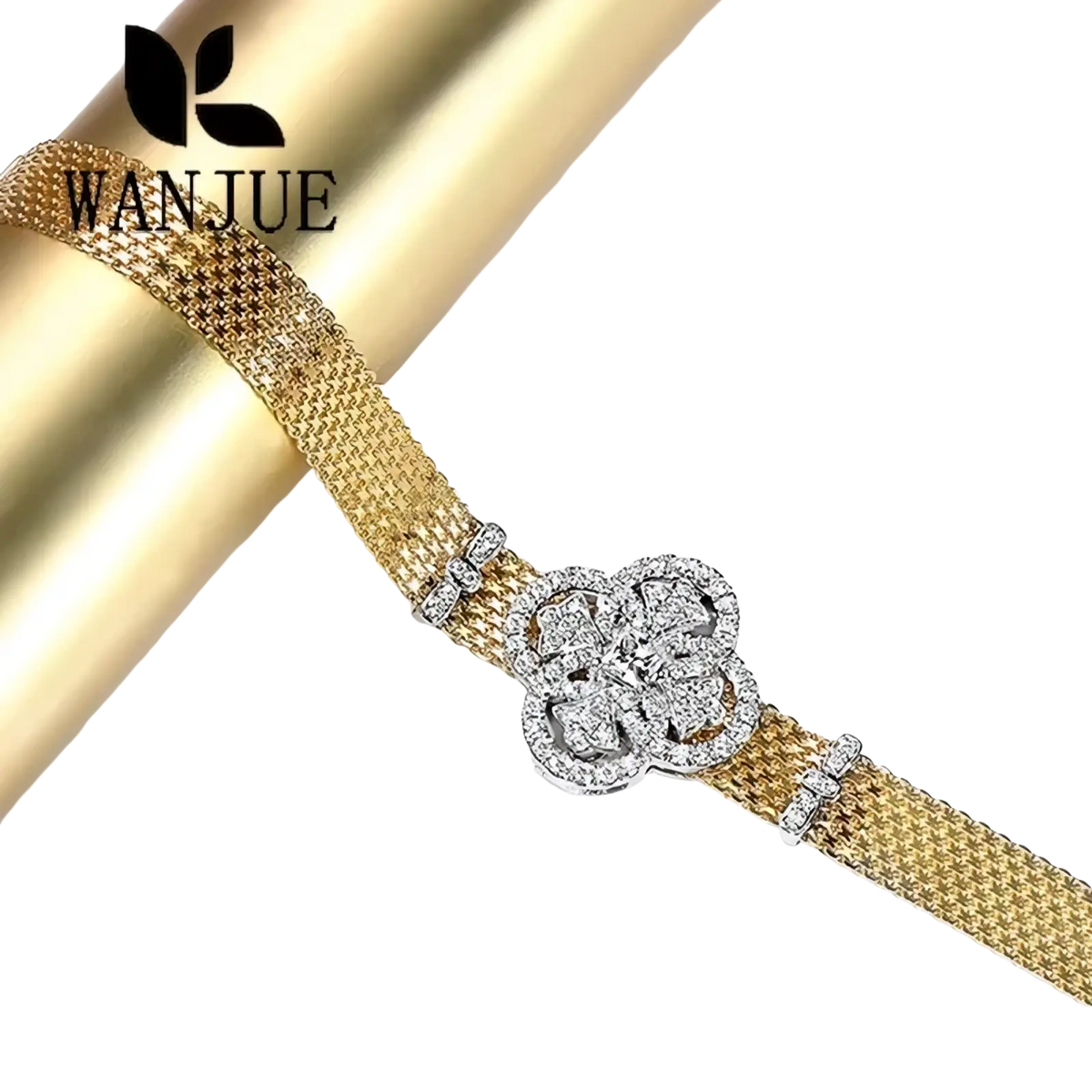 Crystal flower gold mesh cuff bracelet featuring a sparkling diamond-encrusted clover-shaped clasp