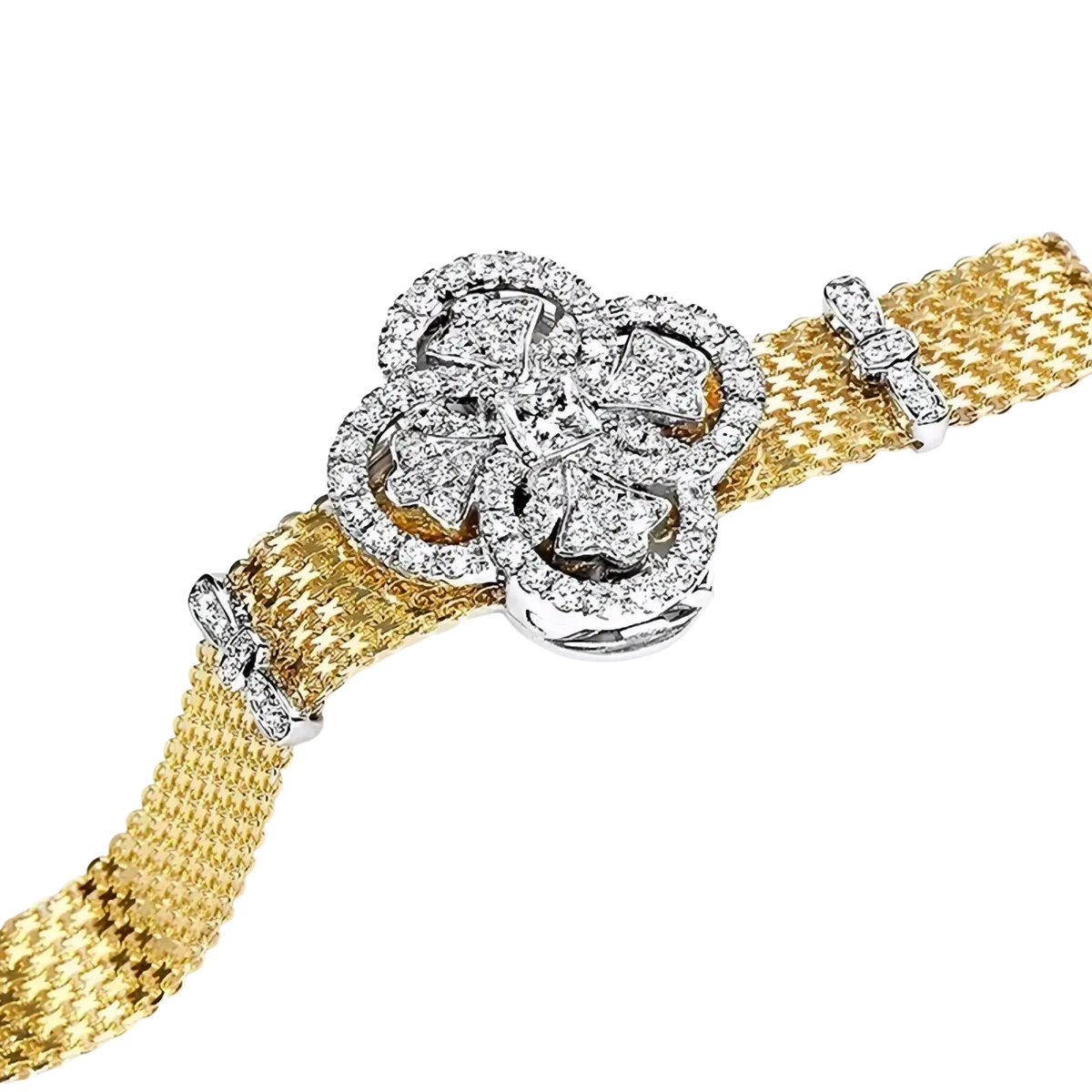A gold mesh cuff bracelet with a crystal-adorned four-petal flower clasp and silver-toned metal accents