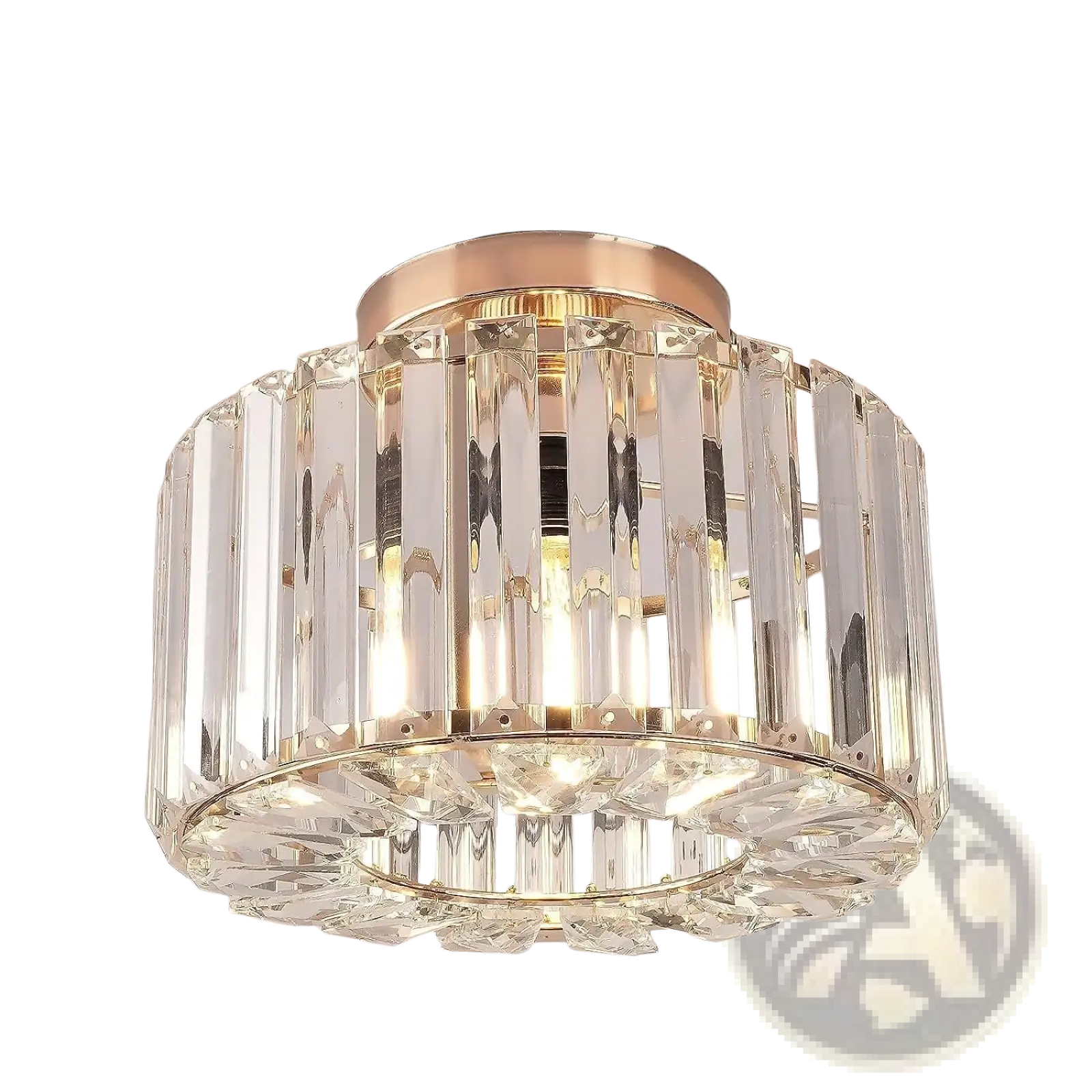 Crystal flush mount ceiling light with rose gold metal base and clear faceted crystal prisms in vertical columns