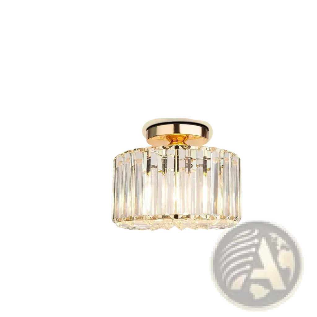 A modern crystal flush mount ceiling light with a rose gold base and vertical glass prisms for ceiling mounting