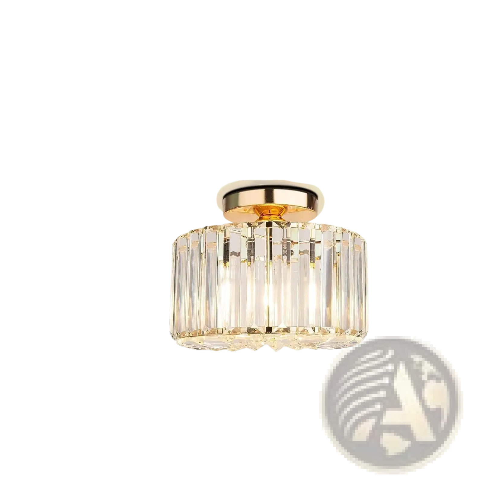 A modern crystal flush mount ceiling light with a rose gold base and vertical glass prisms for ceiling mounting